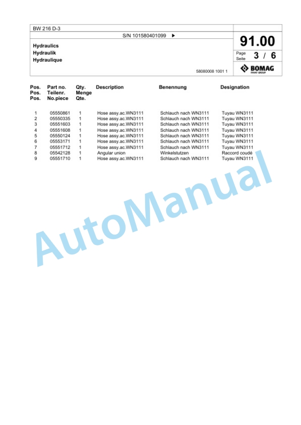 Bomag BW 216 D-3 Single Drum Wheel Drive Vibratory Roller Spare Parts Catalogue 00815340 3 Bomag BW 216 D-3 Single Drum Wheel Drive Vibratory Roller Spare Parts Catalogue 00815340-3