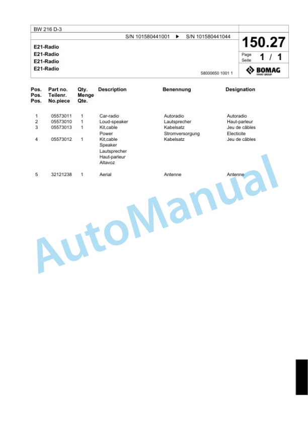 Bomag BW 216 D-3 Single Drum Wheel Drive Vibratory Roller Spare Parts Catalogue 00817535 5 Bomag BW 216 D-3 Single Drum Wheel Drive Vibratory Roller Spare Parts Catalogue 00817535-5