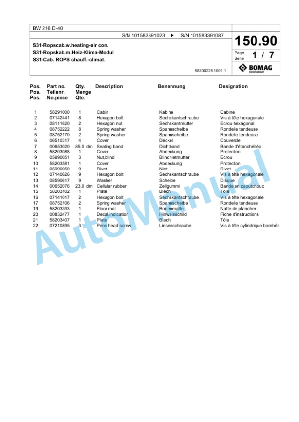 Bomag BW 216 D-40 Single Drum Wheel Drive Vibratory Roller Spare Parts Catalogue 00818611 3 Bomag BW 216 D-40 Single Drum Wheel Drive Vibratory Roller Spare Parts Catalogue 00818611-3