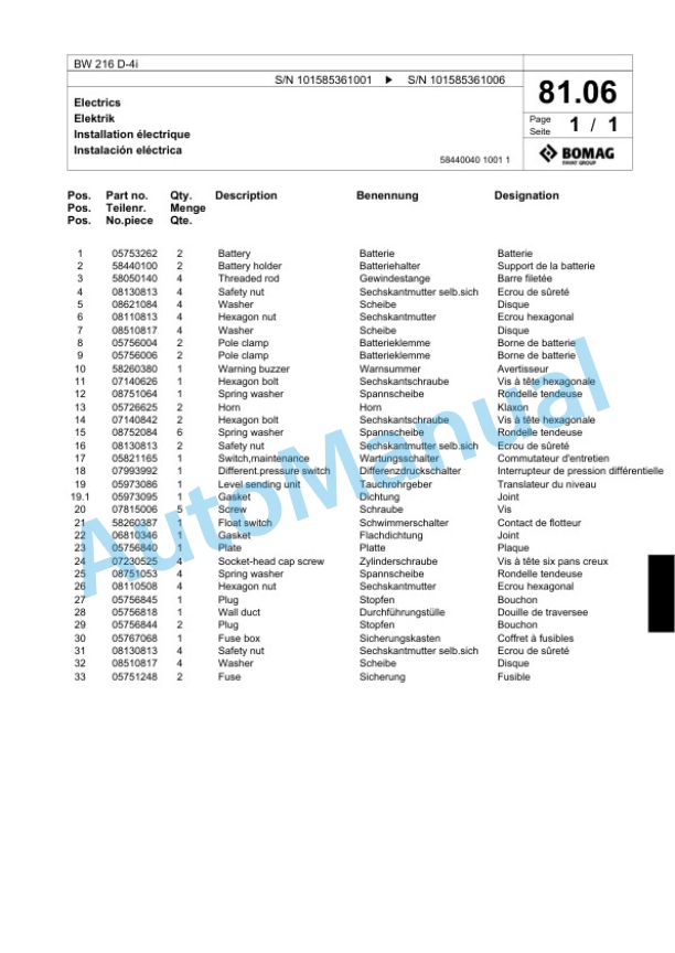 Bomag BW 216 D-4i Single Drum Wheel Drive Vibratory Roller Spare Parts Catalogue 00824693 2 Bomag BW 216 D-4i Single Drum Wheel Drive Vibratory Roller Spare Parts Catalogue 00824693-2