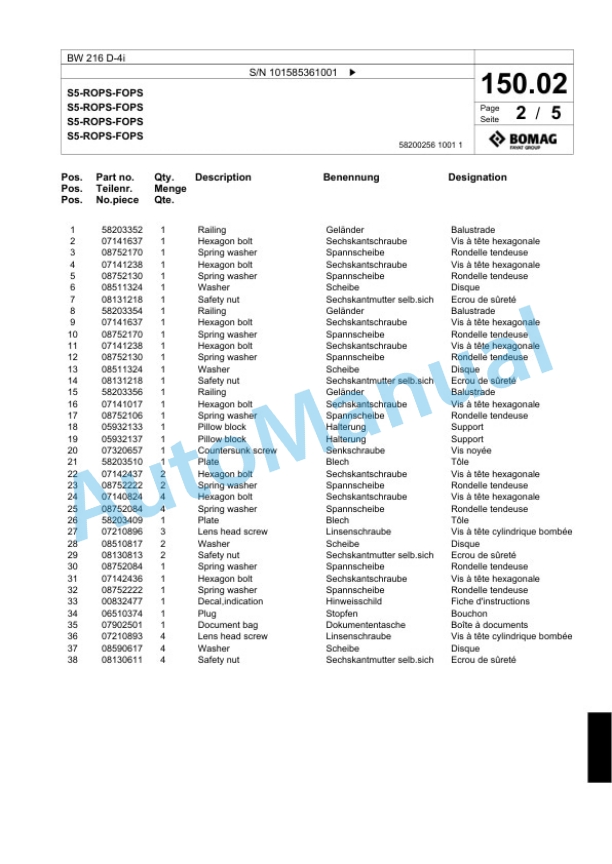 Bomag BW 216 D-4i Single Drum Wheel Drive Vibratory Roller Spare Parts Catalogue 00824693 3 Bomag BW 216 D-4i Single Drum Wheel Drive Vibratory Roller Spare Parts Catalogue 00824693-3