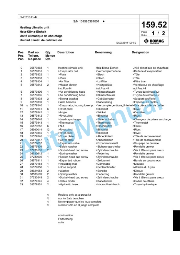 Bomag BW 216 D-4i Single Drum Wheel Drive Vibratory Roller Spare Parts Catalogue 00824693 5 Bomag BW 216 D-4i Single Drum Wheel Drive Vibratory Roller Spare Parts Catalogue 00824693-5