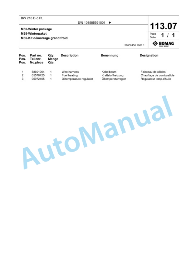 Bomag BW 216 D-5 PL Single Drum Wheel Drive Vibratory Roller Spare Parts Catalogue 00827281 3 Bomag BW 216 D-5 PL Single Drum Wheel Drive Vibratory Roller Spare Parts Catalogue 00827281-3