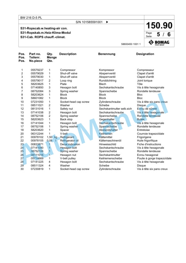 Bomag BW 216 D-5 PL Single Drum Wheel Drive Vibratory Roller Spare Parts Catalogue 00827281 4 Bomag BW 216 D-5 PL Single Drum Wheel Drive Vibratory Roller Spare Parts Catalogue 00827281-4