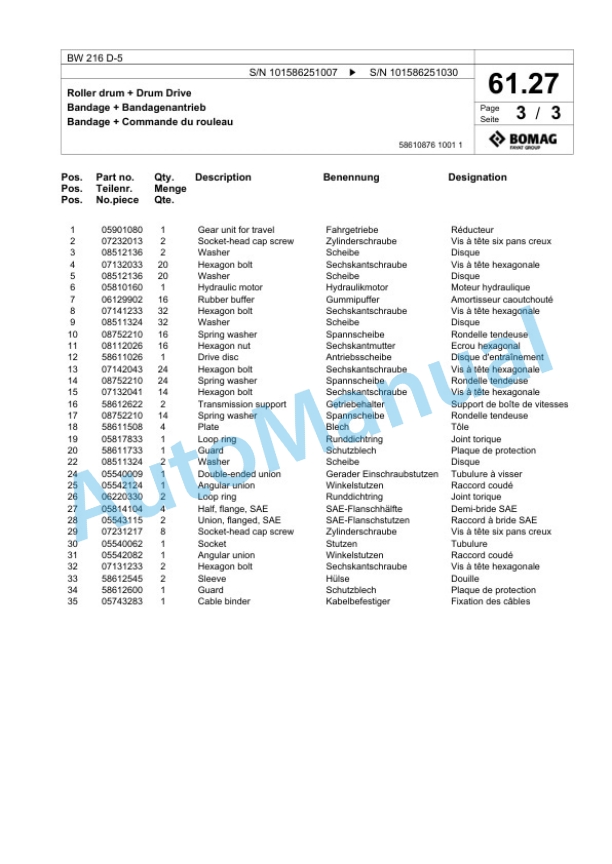 Bomag BW 216 D-5 Single Drum Wheel Drive Vibratory Roller Spare Parts Catalogue 00824579 2 Bomag BW 216 D-5 Single Drum Wheel Drive Vibratory Roller Spare Parts Catalogue 00824579-2