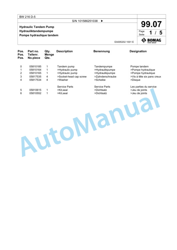 Bomag BW 216 D-5 Single Drum Wheel Drive Vibratory Roller Spare Parts Catalogue 00824579 3 Bomag BW 216 D-5 Single Drum Wheel Drive Vibratory Roller Spare Parts Catalogue 00824579-3