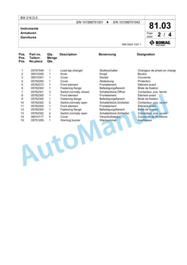 Bomag BW 216 D-5 Single Drum Wheel Drive Vibratory Roller Spare Parts Catalogue 00825277 2 Bomag BW 216 D-5 Single Drum Wheel Drive Vibratory Roller Spare Parts Catalogue 00825277-2