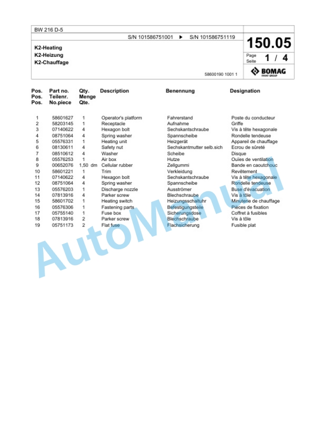 Bomag BW 216 D-5 Single Drum Wheel Drive Vibratory Roller Spare Parts Catalogue 00825277 3 Bomag BW 216 D-5 Single Drum Wheel Drive Vibratory Roller Spare Parts Catalogue 00825277-3