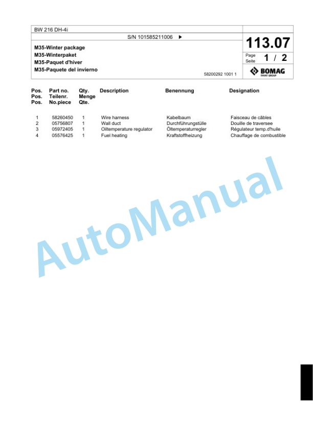 Bomag BW 216 DH-4i Single Drum Wheel Drive Vibratory Roller Spare Parts Catalogue 00824467 3 Bomag BW 216 DH-4i Single Drum Wheel Drive Vibratory Roller Spare Parts Catalogue 00824467-3