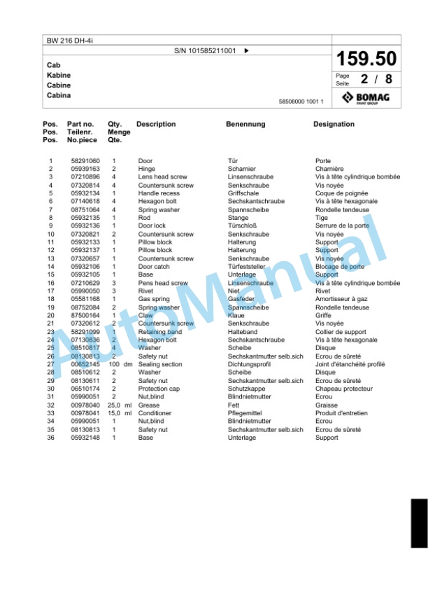 Bomag BW 216 DH-4i Single Drum Wheel Drive Vibratory Roller Spare Parts Catalogue 00824467 5 Bomag BW 216 DH-4i Single Drum Wheel Drive Vibratory Roller Spare Parts Catalogue 00824467-5
