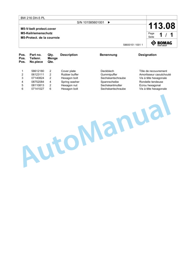Bomag BW 216 DH-5 PL Single Drum Wheel Drive Vibratory Roller Spare Parts Catalogue 00827283 3 Bomag BW 216 DH-5 PL Single Drum Wheel Drive Vibratory Roller Spare Parts Catalogue 00827283-3