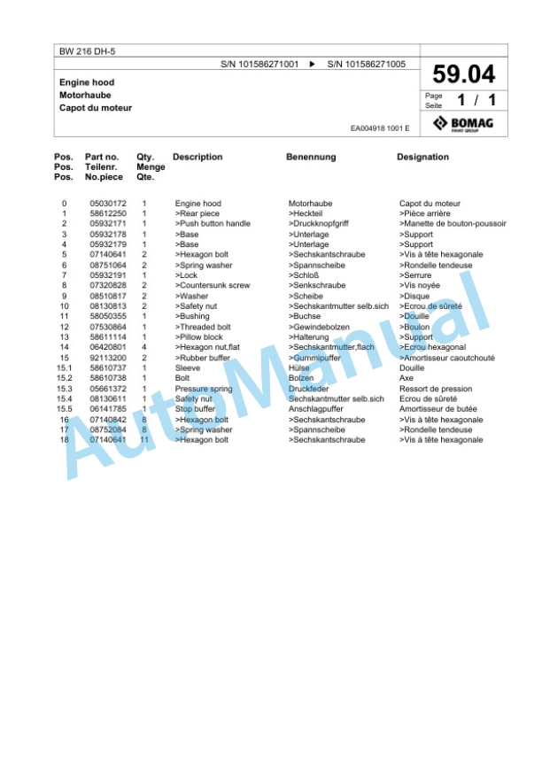Bomag BW 216 DH-5 Single Drum Wheel Drive Vibratory Roller Spare Parts Catalogue 00824825 2 Bomag BW 216 DH-5 Single Drum Wheel Drive Vibratory Roller Spare Parts Catalogue 00824825-2