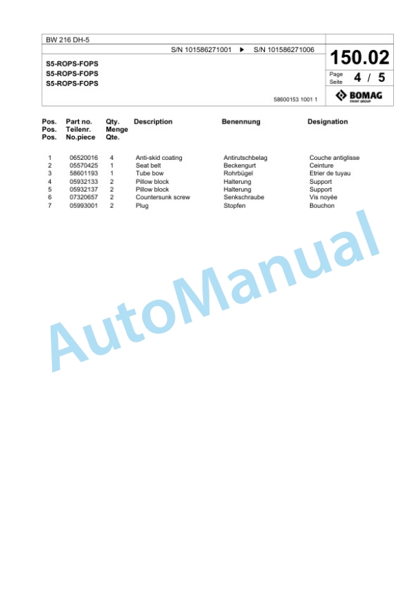 Bomag BW 216 DH-5 Single Drum Wheel Drive Vibratory Roller Spare Parts Catalogue 00824825 4 Bomag BW 216 DH-5 Single Drum Wheel Drive Vibratory Roller Spare Parts Catalogue 00824825-4
