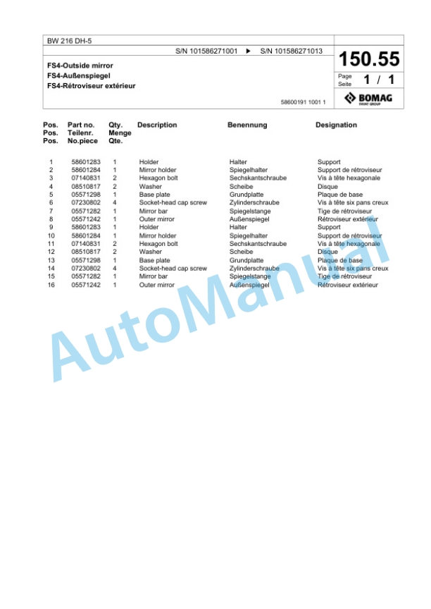 Bomag BW 216 DH-5 Single Drum Wheel Drive Vibratory Roller Spare Parts Catalogue 00824825 5 Bomag BW 216 DH-5 Single Drum Wheel Drive Vibratory Roller Spare Parts Catalogue 00824825-5