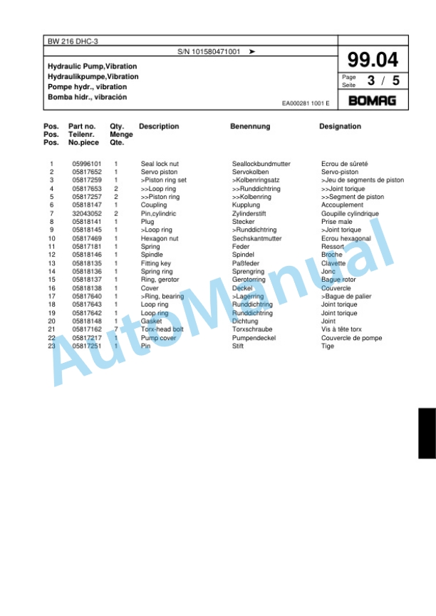 Bomag BW 216 DHC-3 Single Drum Wheel Drive Vibratory Roller Spare Parts Catalogue 00817643 3 Bomag BW 216 DHC-3 Single Drum Wheel Drive Vibratory Roller Spare Parts Catalogue 00817643-3