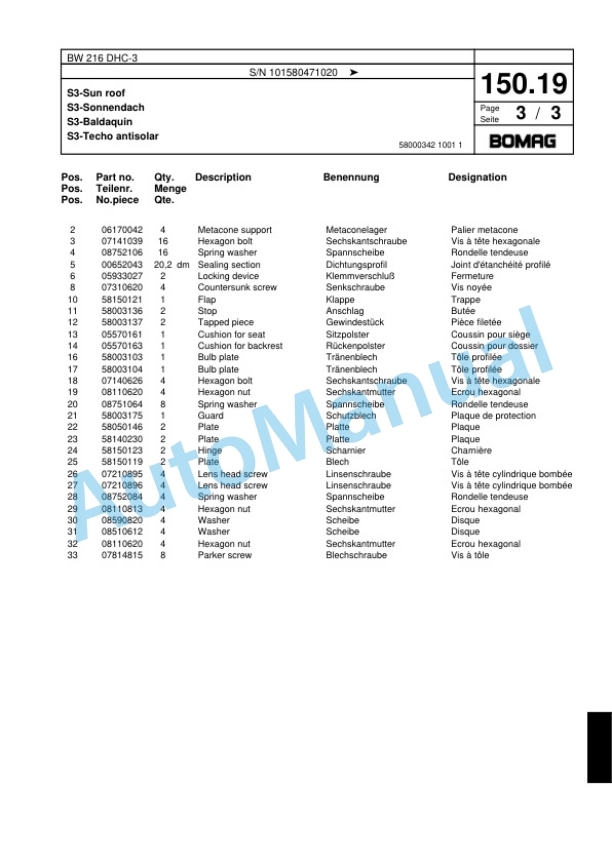 Bomag BW 216 DHC-3 Single Drum Wheel Drive Vibratory Roller Spare Parts Catalogue 00817643 5 Bomag BW 216 DHC-3 Single Drum Wheel Drive Vibratory Roller Spare Parts Catalogue 00817643-5