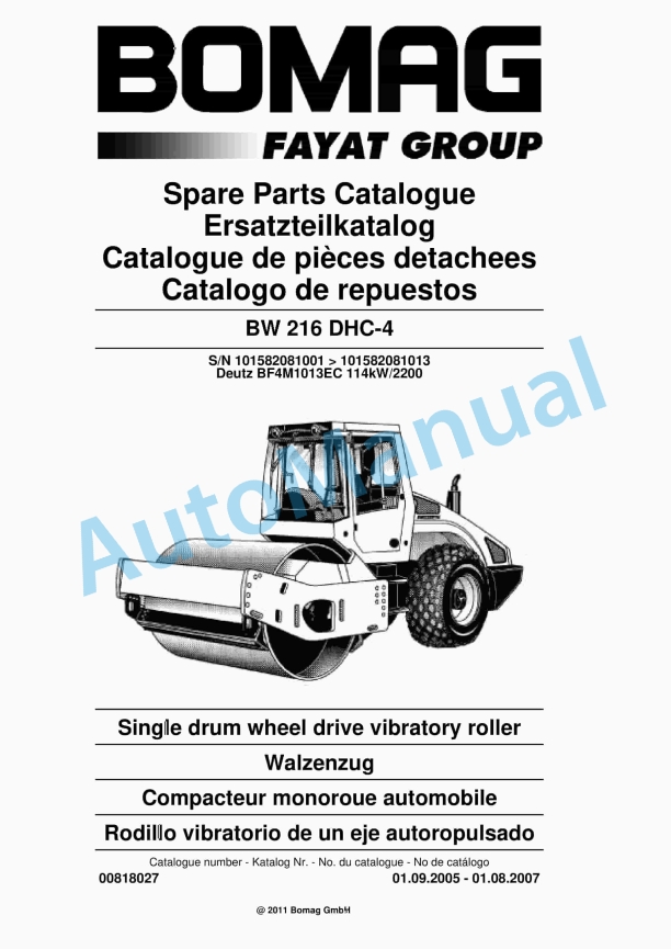 Bomag BW 216 DHC-4 Single Drum Wheel Drive Vibratory Roller Spare Parts Catalogue 00818027 1 Bomag BW 216 DHC-4 Single Drum Wheel Drive Vibratory Roller Spare Parts Catalogue 00818027