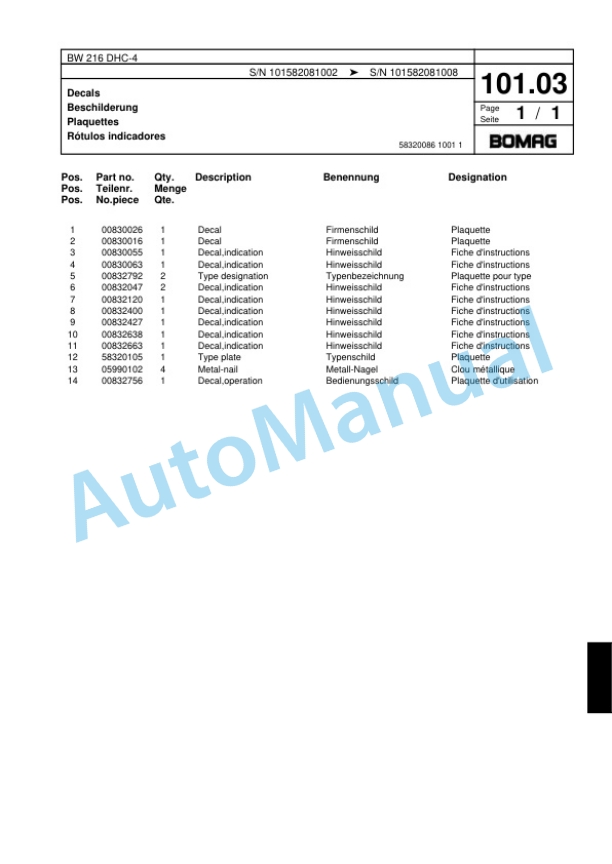 Bomag BW 216 DHC-4 Single Drum Wheel Drive Vibratory Roller Spare Parts Catalogue 00818027 3 Bomag BW 216 DHC-4 Single Drum Wheel Drive Vibratory Roller Spare Parts Catalogue 00818027-3