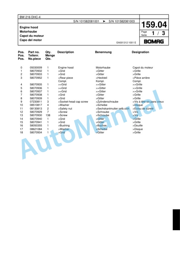 Bomag BW 216 DHC-4 Single Drum Wheel Drive Vibratory Roller Spare Parts Catalogue 00818027 5 Bomag BW 216 DHC-4 Single Drum Wheel Drive Vibratory Roller Spare Parts Catalogue 00818027-5
