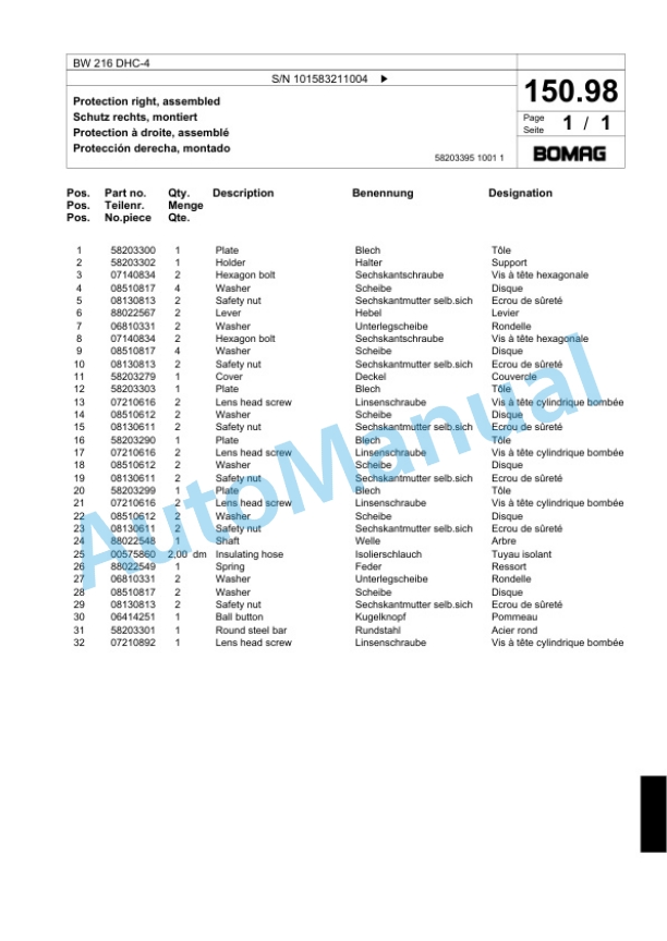 Bomag BW 216 DHC-4 Single Drum Wheel Drive Vibratory Roller Spare Parts Catalogue 00818347 4 Bomag BW 216 DHC-4 Single Drum Wheel Drive Vibratory Roller Spare Parts Catalogue 00818347-4