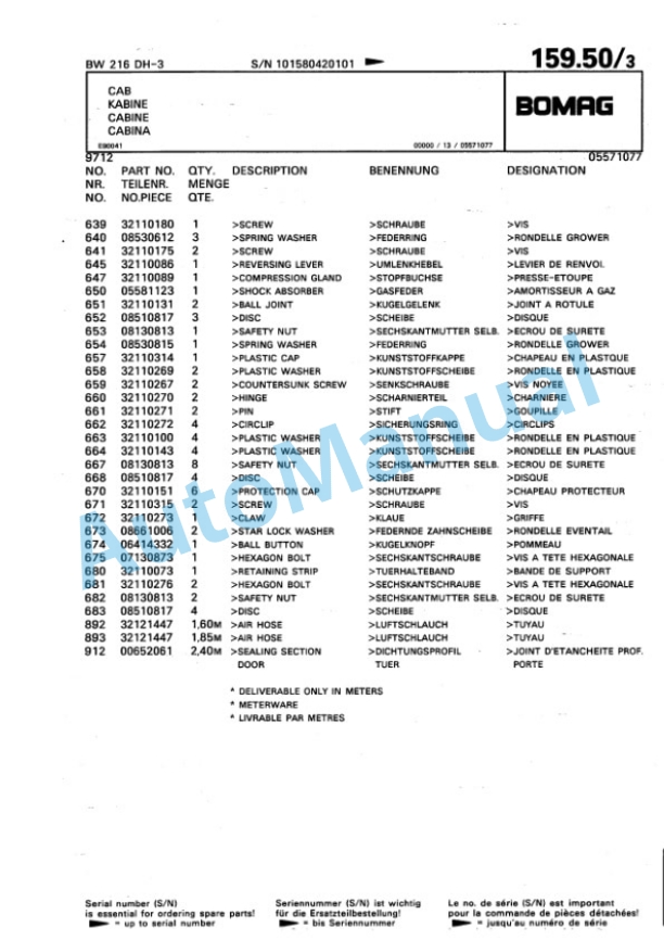 Bomag BW 216 HD-3 Single Drum Wheel Drive Vibratory Roller Spare Parts Catalogue 00815342 5 Bomag BW 216 HD-3 Single Drum Wheel Drive Vibratory Roller Spare Parts Catalogue 00815342-5