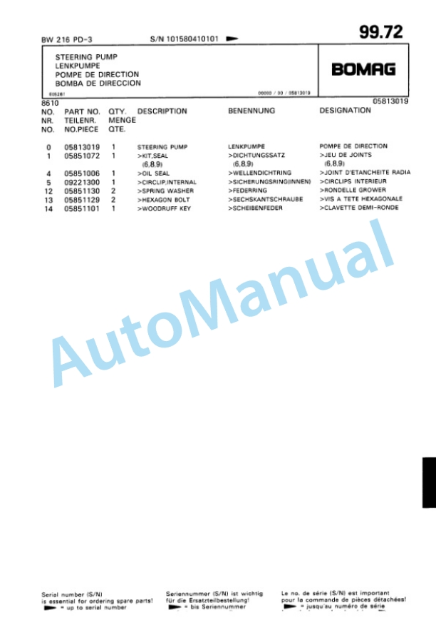 Bomag BW 216 PD-3 Single Drum Wheel Drive Vibratory Roller Spare Parts Catalogue 00815341 4 Bomag BW 216 PD-3 Single Drum Wheel Drive Vibratory Roller Spare Parts Catalogue 00815341-4