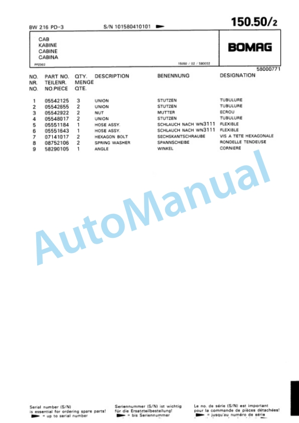 Bomag BW 216 PD-3 Single Drum Wheel Drive Vibratory Roller Spare Parts Catalogue 00815341 5 Bomag BW 216 PD-3 Single Drum Wheel Drive Vibratory Roller Spare Parts Catalogue 00815341-5