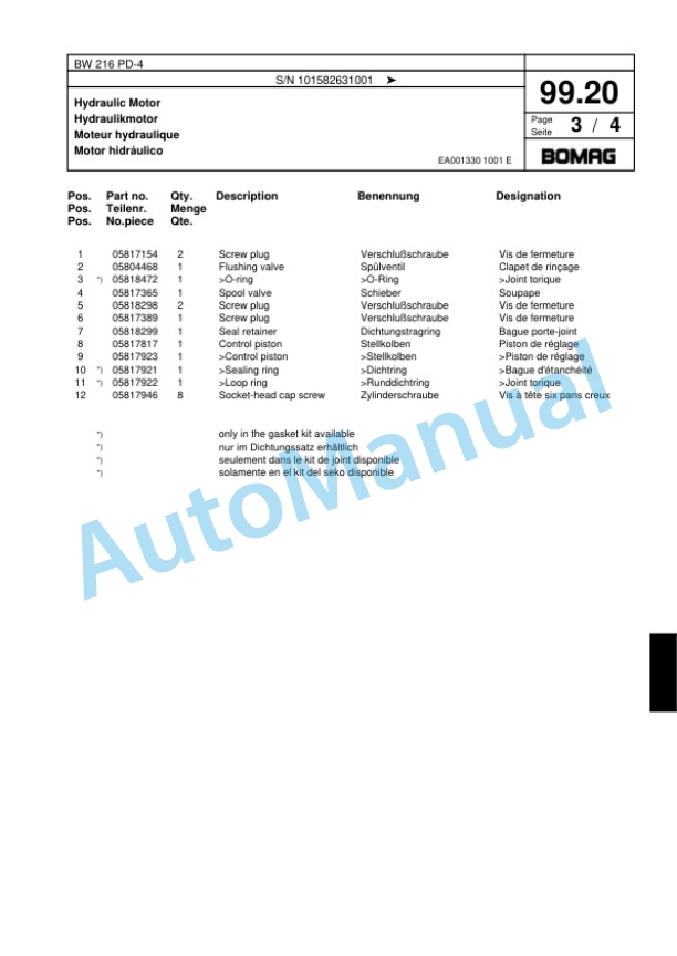 Bomag BW 216 PD-4 Single Drum Wheel Drive Vibratory Roller Spare Parts Catalogue 00818053 3 Bomag BW 216 PD-4 Single Drum Wheel Drive Vibratory Roller Spare Parts Catalogue 00818053-3