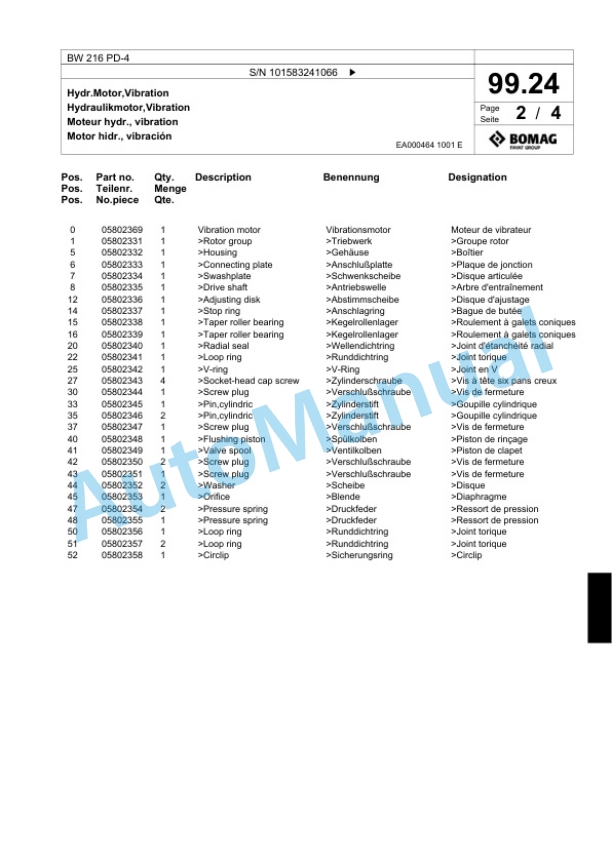 Bomag BW 216 PD-4 Single Drum Wheel Drive Vibratory Roller Spare Parts Catalogue 00824155 3 Bomag BW 216 PD-4 Single Drum Wheel Drive Vibratory Roller Spare Parts Catalogue 00824155-3