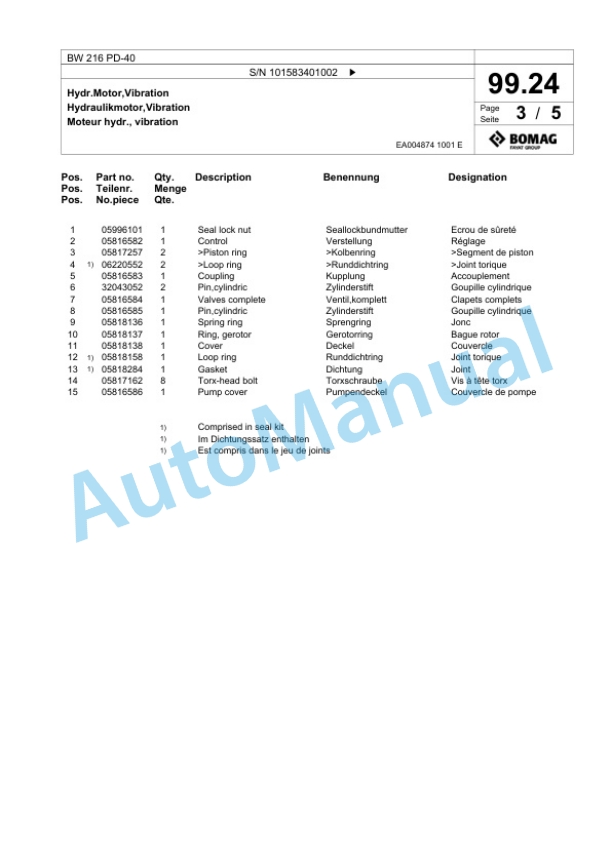 Bomag BW 216 PD-40 Single Drum Wheel Drive Vibratory Roller Spare Parts Catalogue 00818653 3 Bomag BW 216 PD-40 Single Drum Wheel Drive Vibratory Roller Spare Parts Catalogue 00818653-3