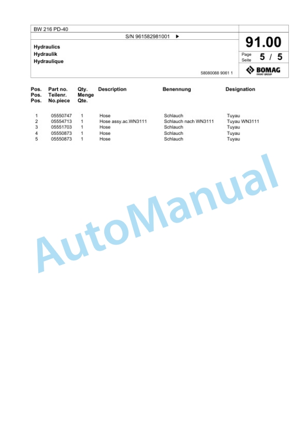 Bomag BW 216 PD-40 Single Drum Wheel Drive Vibratory Roller Spare Parts Catalogue 00826013 3 Bomag BW 216 PD-40 Single Drum Wheel Drive Vibratory Roller Spare Parts Catalogue 00826013-3