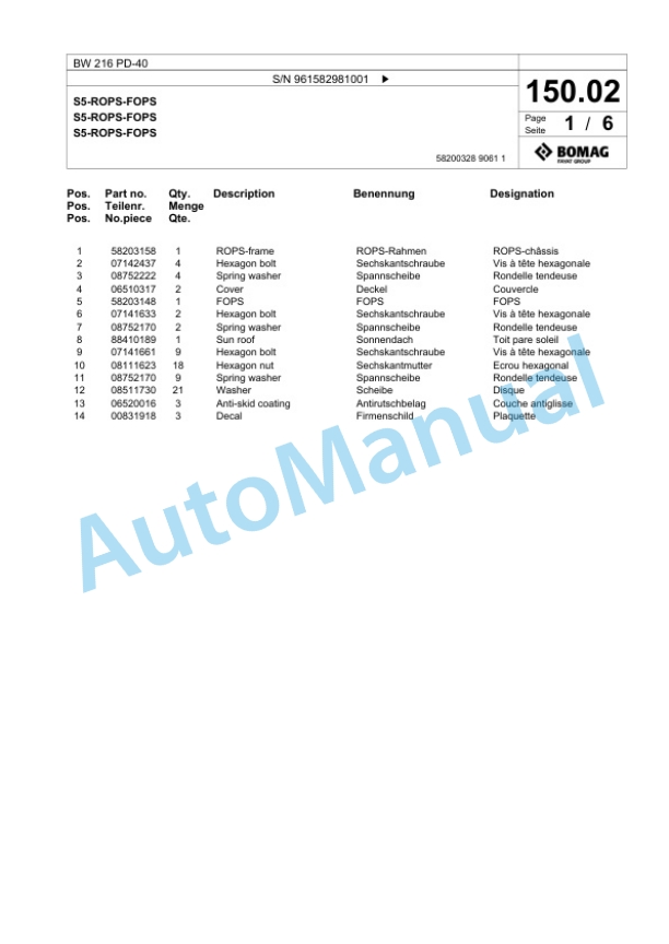 Bomag BW 216 PD-40 Single Drum Wheel Drive Vibratory Roller Spare Parts Catalogue 00826013 4 Bomag BW 216 PD-40 Single Drum Wheel Drive Vibratory Roller Spare Parts Catalogue 00826013-4