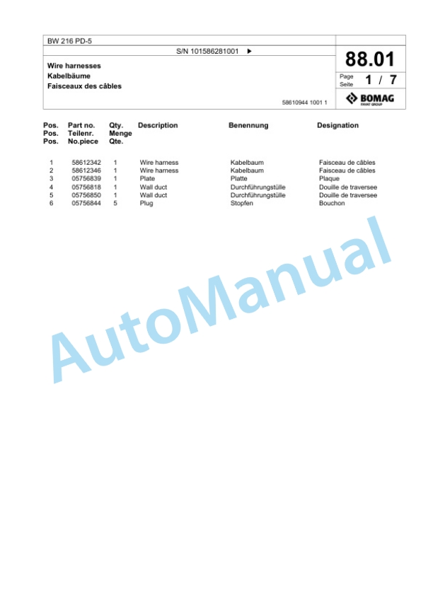Bomag BW 216 PD-5 Single Drum Wheel Drive Vibratory Roller Spare Parts Catalogue 00824845 3 Bomag BW 216 PD-5 Single Drum Wheel Drive Vibratory Roller Spare Parts Catalogue 00824845-3