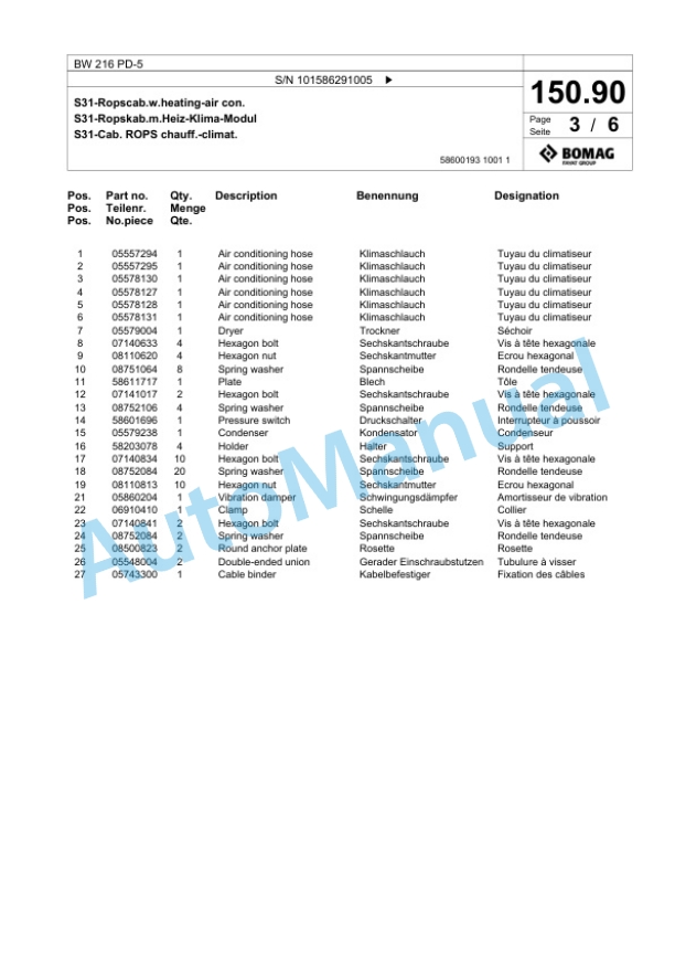 Bomag BW 216 PD-5 Single Drum Wheel Drive Vibratory Roller Spare Parts Catalogue 00824871 5 Bomag BW 216 PD-5 Single Drum Wheel Drive Vibratory Roller Spare Parts Catalogue 00824871-5