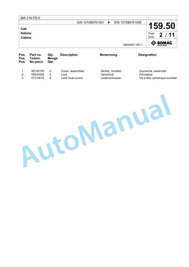Bomag BW 216 PD-5 Single Drum Wheel Drive Vibratory Roller Spare Parts Catalogue 00825279 5 Bomag BW 216 PD-5 Single Drum Wheel Drive Vibratory Roller Spare Parts Catalogue 00825279-5