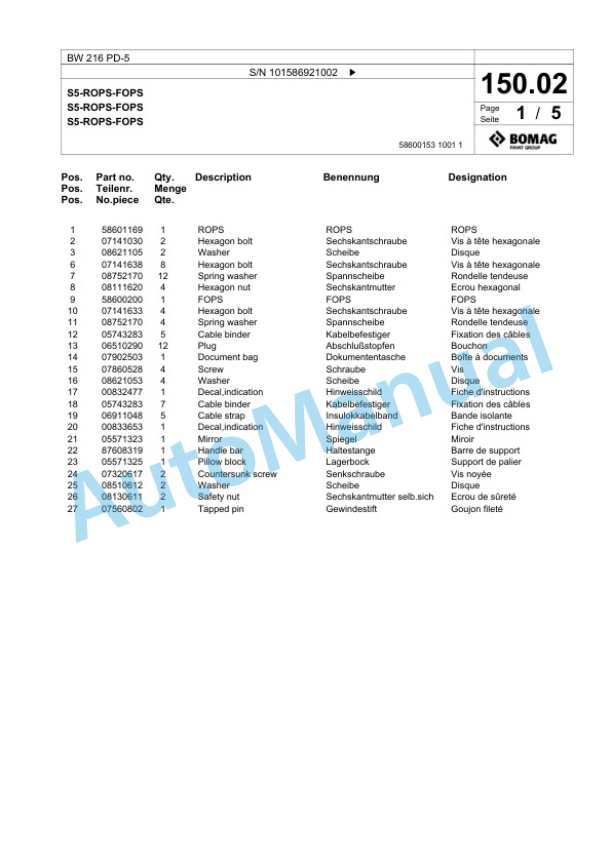Bomag BW 216 PD-5 Single Drum Wheel Drive Vibratory Roller Spare Parts Catalogue 00825995 3 Bomag BW 216 PD-5 Single Drum Wheel Drive Vibratory Roller Spare Parts Catalogue 00825995-3