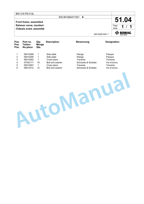 Bomag BW 216 PD-5 SL Single Drum Wheel Drive Vibratory Roller Spare Parts Catalogue 00826715 2 Bomag BW 216 PD-5 SL Single Drum Wheel Drive Vibratory Roller Spare Parts Catalogue 00826715-2
