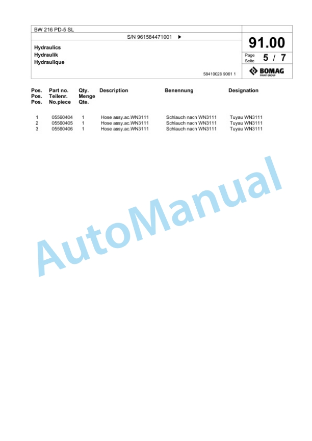 Bomag BW 216 PD-5 SL Single Drum Wheel Drive Vibratory Roller Spare Parts Catalogue 00826715 3 Bomag BW 216 PD-5 SL Single Drum Wheel Drive Vibratory Roller Spare Parts Catalogue 00826715-3