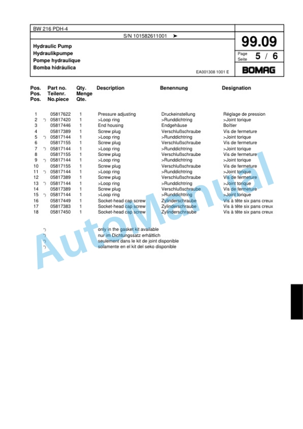 Bomag BW 216 PDH-4 Single Drum Wheel Drive Vibratory Roller Spare Parts Catalogue 00817795 3 Bomag BW 216 PDH-4 Single Drum Wheel Drive Vibratory Roller Spare Parts Catalogue 00817795-3