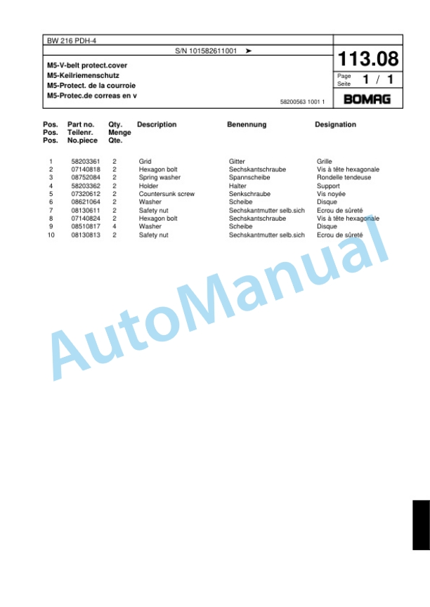 Bomag BW 216 PDH-4 Single Drum Wheel Drive Vibratory Roller Spare Parts Catalogue 00817795 4 Bomag BW 216 PDH-4 Single Drum Wheel Drive Vibratory Roller Spare Parts Catalogue 00817795-4