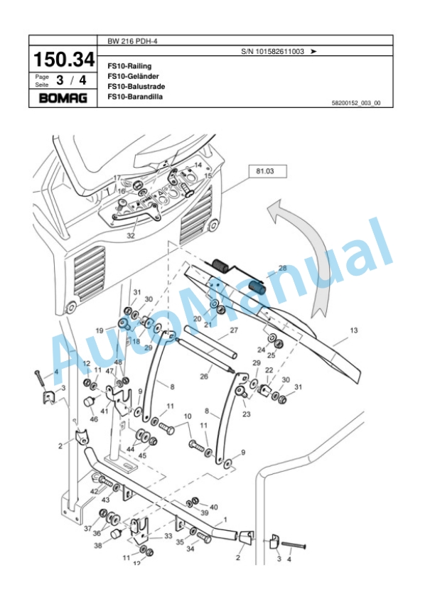 Bomag BW 216 PDH-4 Single Drum Wheel Drive Vibratory Roller Spare Parts Catalogue 00817795 5 Bomag BW 216 PDH-4 Single Drum Wheel Drive Vibratory Roller Spare Parts Catalogue 00817795-5