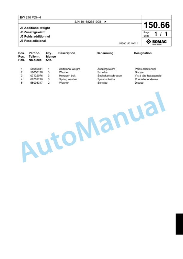 Bomag BW 216 PDH-4 Single Drum Wheel Drive Vibratory Roller Spare Parts Catalogue 00818157 4 Bomag BW 216 PDH-4 Single Drum Wheel Drive Vibratory Roller Spare Parts Catalogue 00818157-4