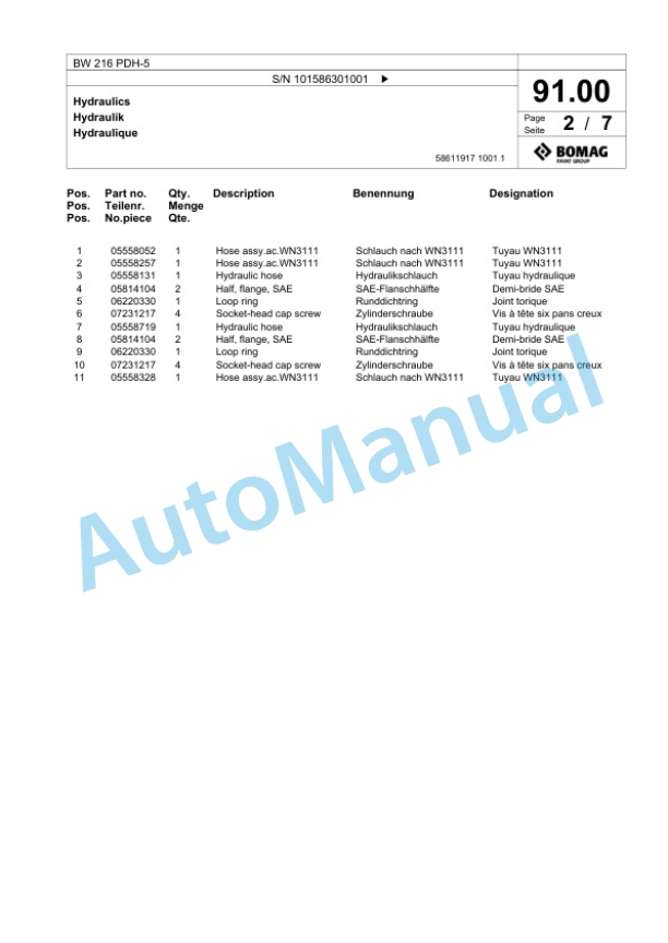 Bomag BW 216 PDH-5 Single Drum Wheel Drive Vibratory Roller Spare Parts Catalogue 00824827 3 Bomag BW 216 PDH-5 Single Drum Wheel Drive Vibratory Roller Spare Parts Catalogue 00824827-3