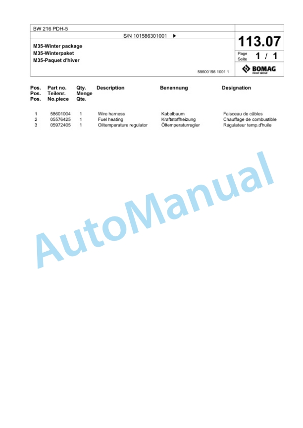 Bomag BW 216 PDH-5 Single Drum Wheel Drive Vibratory Roller Spare Parts Catalogue 00824827 4 Bomag BW 216 PDH-5 Single Drum Wheel Drive Vibratory Roller Spare Parts Catalogue 00824827-4