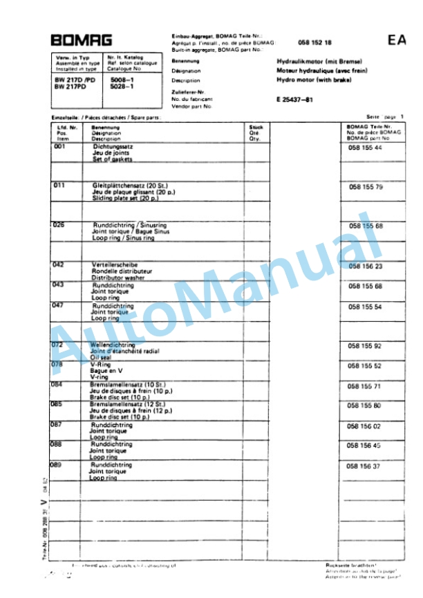 Bomag BW 217 D, BW 217 PD Single Drum Vibratory Roller Spare Parts Catalogue 00814311 2 Bomag BW 217 D, BW 217 PD Single Drum Vibratory Roller Spare Parts Catalogue 00814311-2