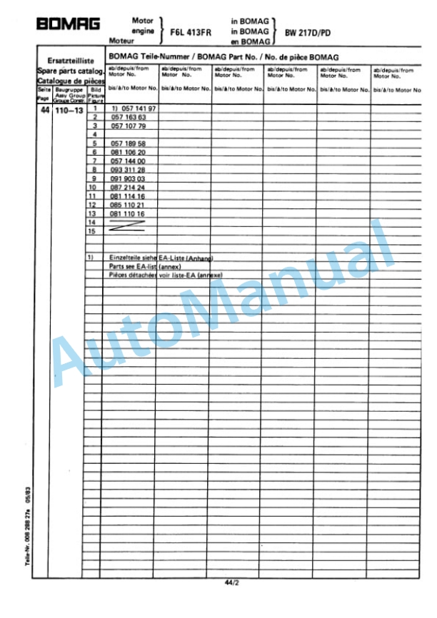 Bomag BW 217 D, BW 217 PD Single Drum Vibratory Roller Spare Parts Catalogue 00814314 3 Bomag BW 217 D, BW 217 PD Single Drum Vibratory Roller Spare Parts Catalogue 00814314-3