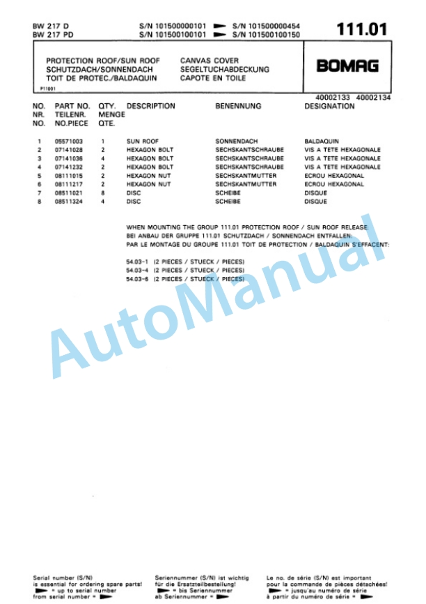 Bomag BW 217 D, BW 217 PD Single Drum Wheel Drive Vibratory Roller Spare Parts Catalogue 00810040 5 Bomag BW 217 D, BW 217 PD Single Drum Wheel Drive Vibratory Roller Spare Parts Catalogue 00810040-5