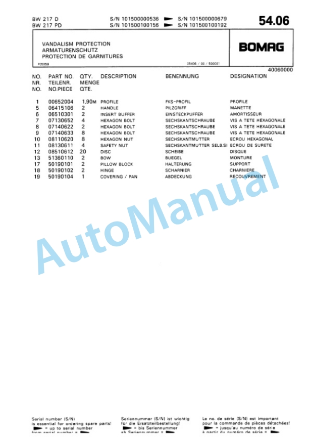 Bomag BW 217 D, BW 217 PD Single Drum Wheel Drive Vibratory Roller Spare Parts Catalogue 00810240 3 Bomag BW 217 D, BW 217 PD Single Drum Wheel Drive Vibratory Roller Spare Parts Catalogue 00810240-3
