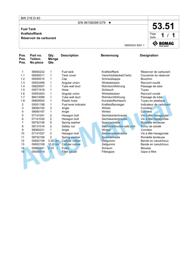 Bomag BW 218 D-40 Single Drum Wheel Drive Vibratory Roller Spare Parts Catalogue 00826187 2 Bomag BW 218 D-40 Single Drum Wheel Drive Vibratory Roller Spare Parts Catalogue 00826187-2