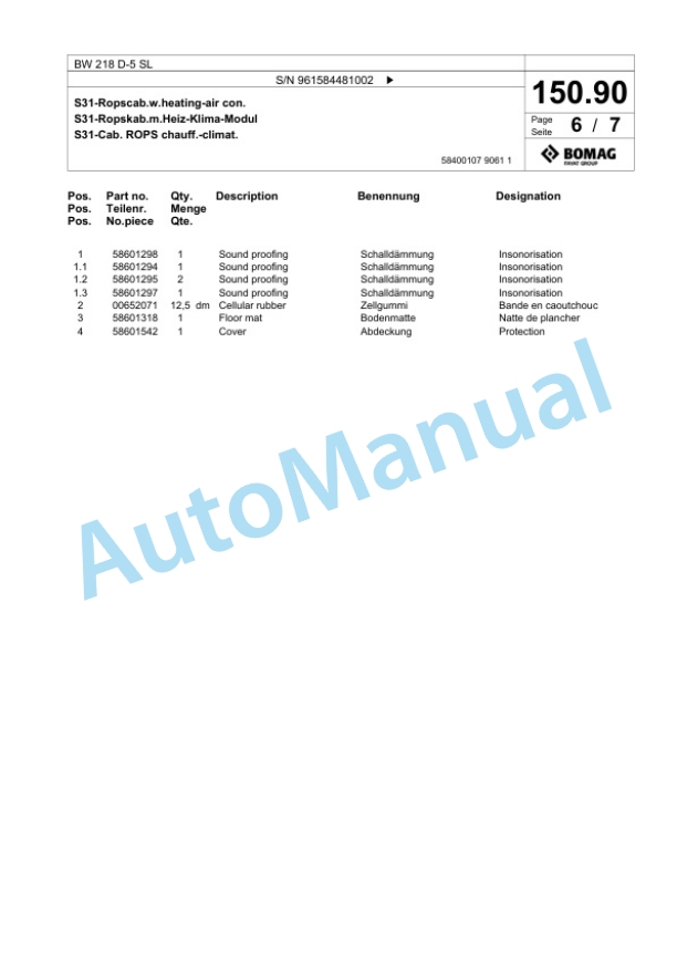 Bomag BW 218 D-5 SL Single Drum Wheel Drive Vibratory Roller Spare Parts Catalogue 00826389 4 Bomag BW 218 D-5 SL Single Drum Wheel Drive Vibratory Roller Spare Parts Catalogue 00826389-4